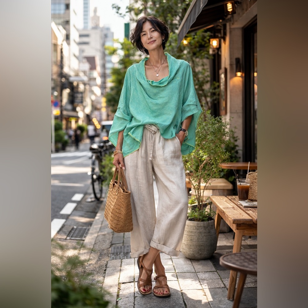 Terry Macey Tokyo Asymmetrical Linen Teal Top Women's Medium